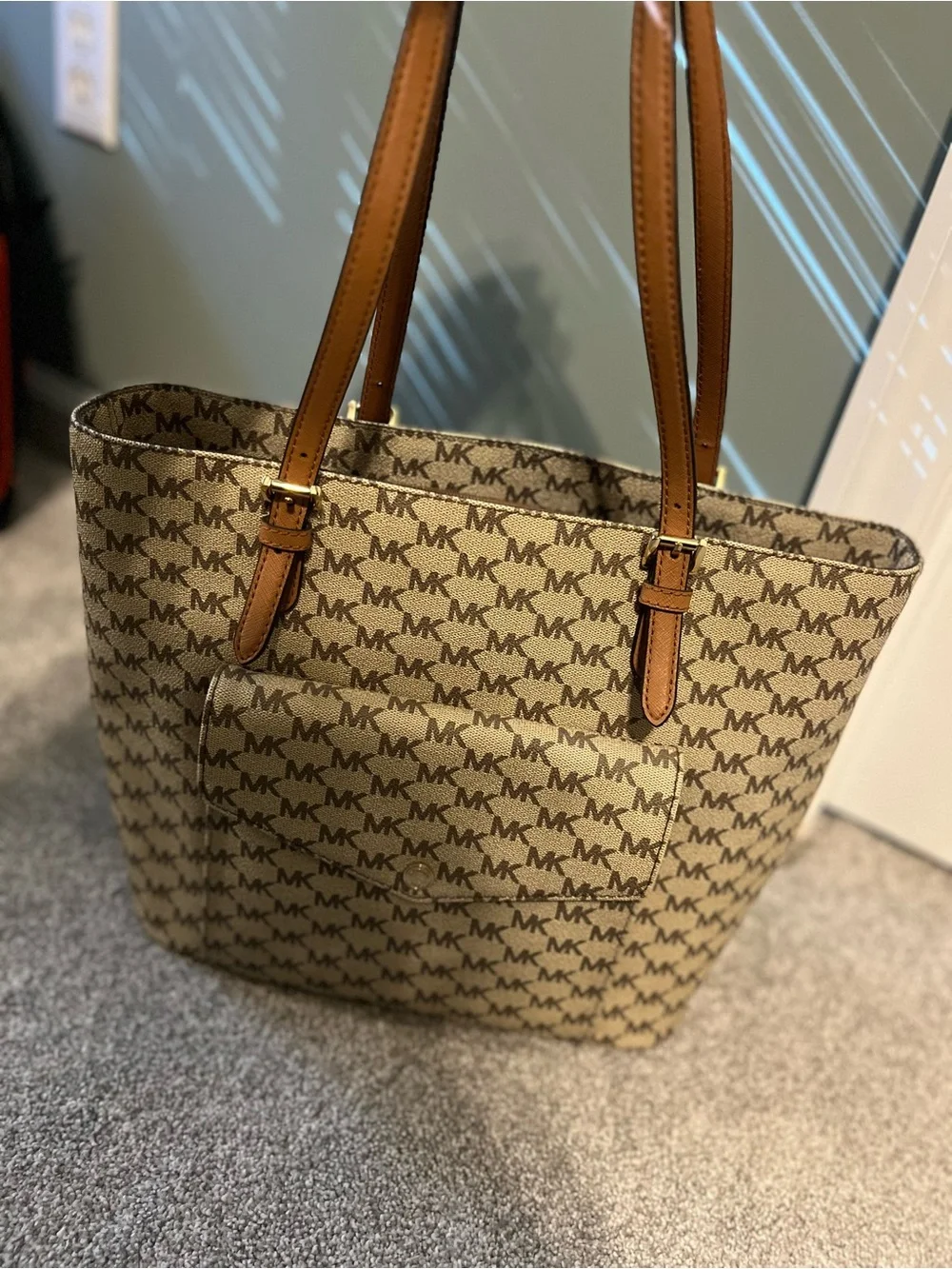 Michael Kors Beige MK Logo Tote with Tan Straps